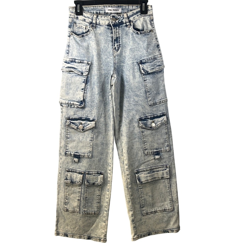 Girl Index Light Wash High Waist Utility Wide Leg Denim Jeans 7 Grunge Punk Emo